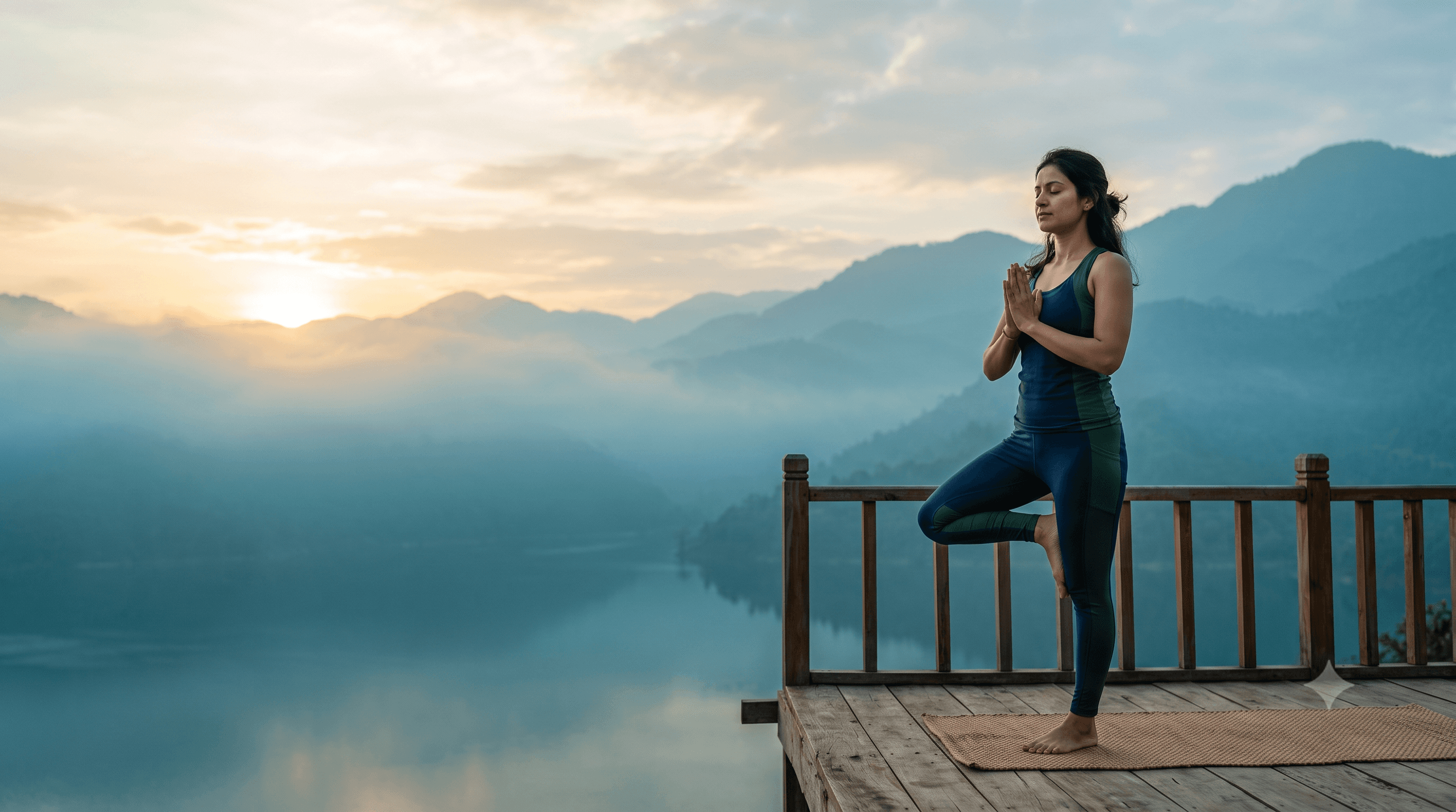 A woman in tree pose at sunrise overlooking misty mountains and a calm lake — find your balance with Yogic City