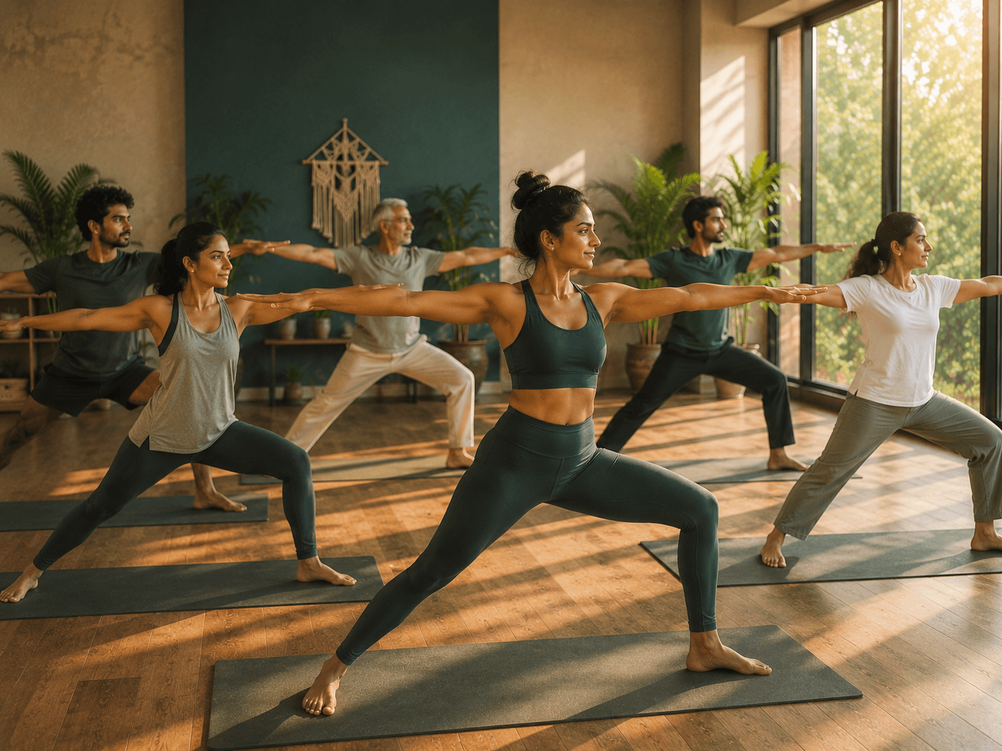 A yoga instructor leading a class of students in a bright studio — grow your teaching with Yogic City