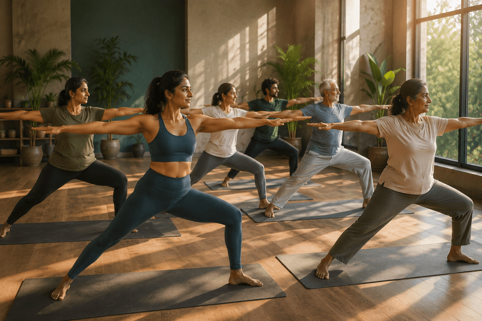 A diverse group practicing yoga together in a bright studio — the Yogic City community