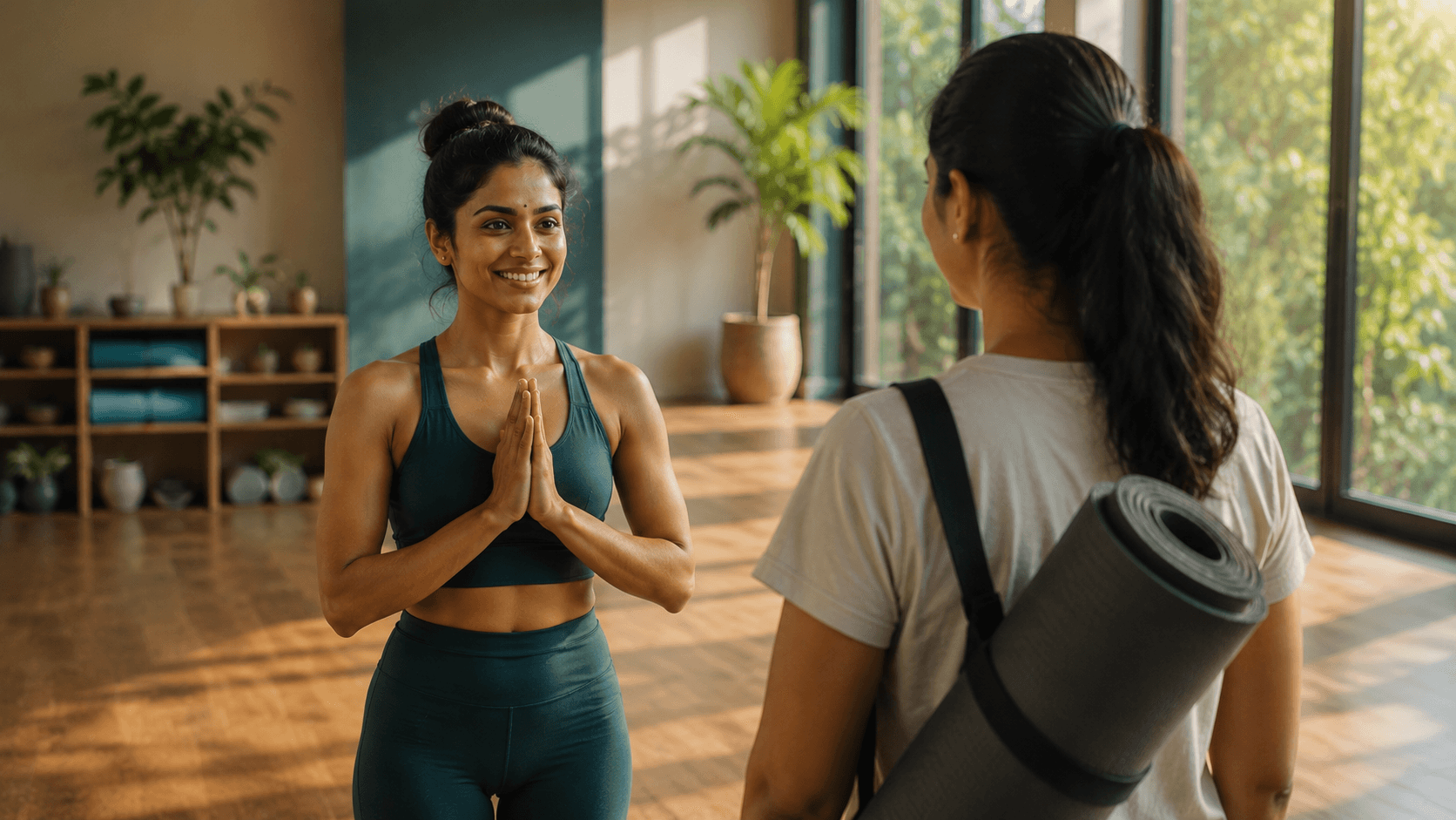 A yoga instructor greeting a student with namaste in a bright studio — reach out to Yogic City